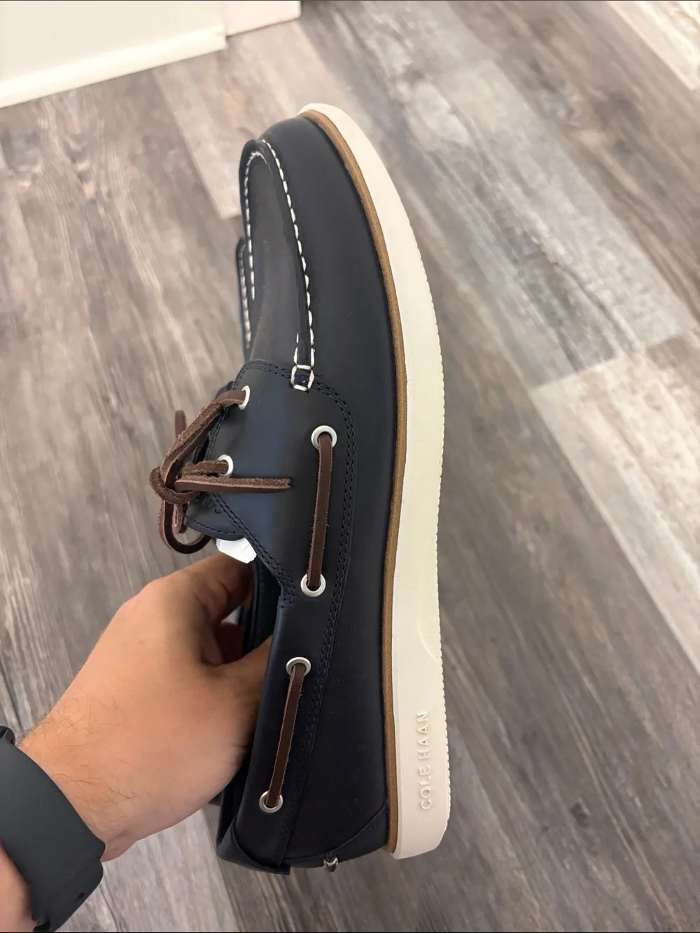 Cole Haan Navy Leather Boat Shoes with Brown Laces (Brand New)